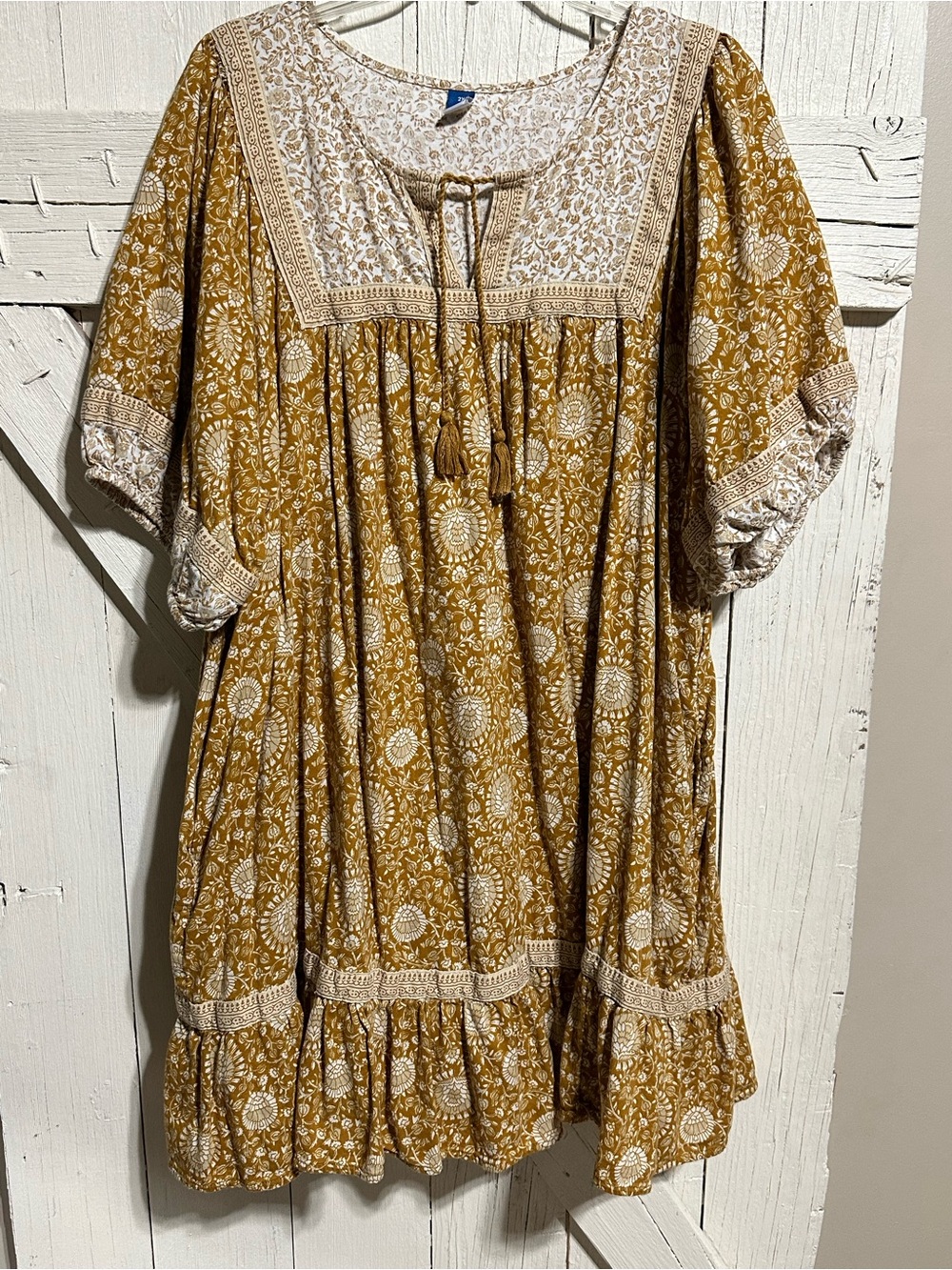 Old Navy Mustard Floral Boho Tunic Dress with Cream Trim